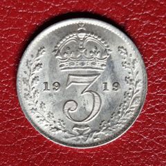 Unc 1919 United Kingdom Silver 3 Pence - George V 1st issue; incl. Maundy
