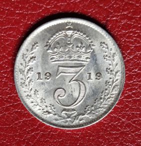 Unc 1919 United Kingdom Silver 3 Pence - George V 1st issue; incl. Maundy