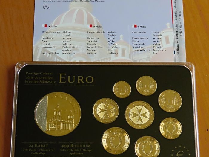 Malta 2008 euro coins set 24k Gold plated & Rhodium gilt Maltese medal limited edition