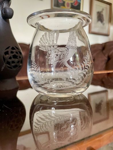 Vintage Signed Bruce Walker Kirkbuddo Glass Studio Etched Art Glass Bud Vase Capercaillie 1976