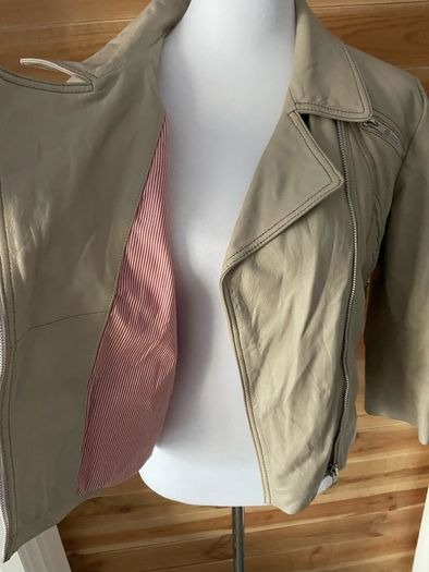 Kookai women leather cream jacket biker 3/4 length sleeves size 12