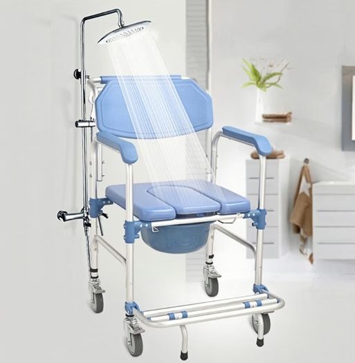 4-in-1 Wheeled Shower Chair, Bathroom Shower Chair with Wheels for Elderly, Waterproof Wheeled Commode Toilet Chair with Removable Bucket, Bedside Commode Chair on Wheels for the Disabled