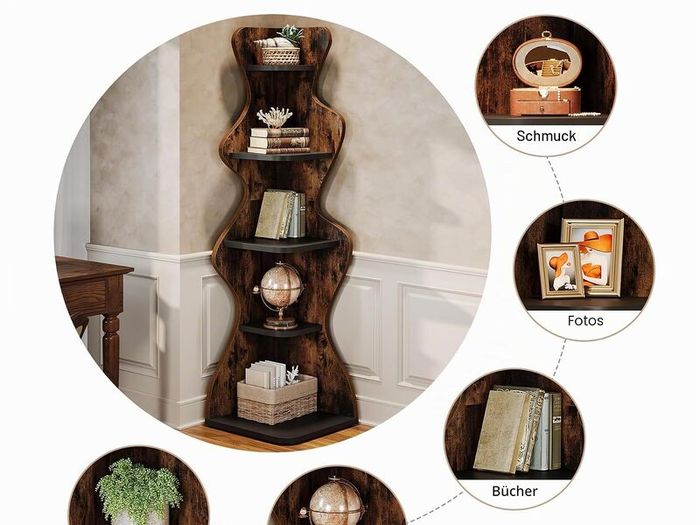 5 Tier Corner Shelf, Wooden Corner Bookcase, Freestanding Display Storage Shelf, Plant Stand for Living Room, Bedroom & Small Spaces