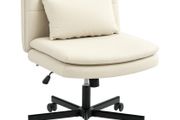 Armless Office Chair with Faux Leather Upholstery, Rolling Desk Chair, Extra Cushion, Height-Adjustable, Mobile, Beige