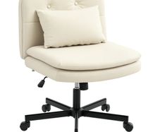 Armless Office Chair with Faux Leather Upholstery, Rolling Desk Chair, Extra Cushion, Height-Adjustable, Mobile, Beige