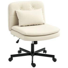Armless Office Chair with Faux Leather Upholstery, Rolling Desk Chair, Extra Cushion, Height-Adjustable, Mobile, Beige