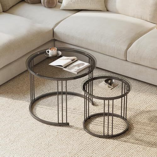 Round Coffee Tables, Set of 2 End Table, Nesting Tables, Side Table with Metal Frame