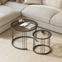 Round Coffee Tables, Set of 2 End Table, Nesting Tables, Side Table with Metal Frame