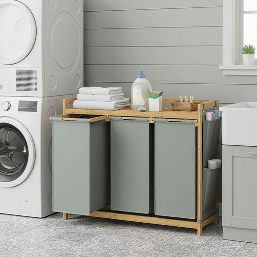 Bamboo Laundry Sorter with 3 Removable Bags and Storage Shelf 150L