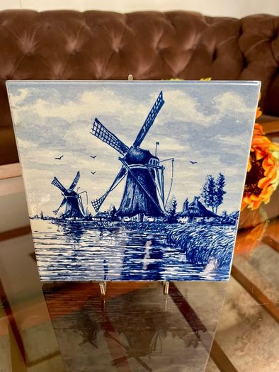 Vintage Handpainted Delft Blue Tile with Windmill and Boats Cottage Farmhouse Decor