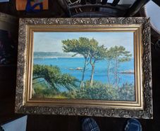 Vintage Oil on canvas B Dowling coastal scene painting original framed in ornate gold decrotive frame