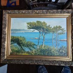Vintage Oil on canvas B Dowling coastal scene painting original framed in ornate gold decrotive frame