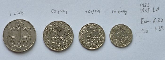 Poland coins 10 , 20 , 50 groszy and 1 zloty lot 1923 -1929
