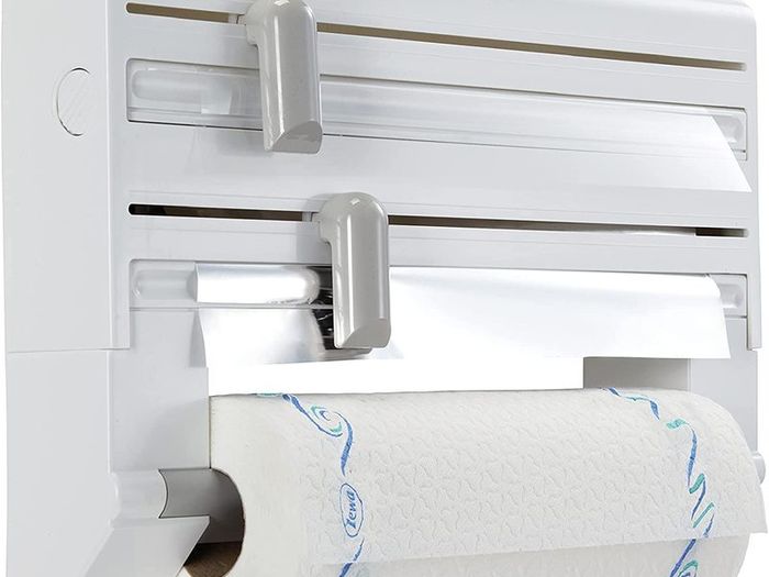 Kitchen Roll Dispenser, Wall-Mounted Film, Foil and Paper Holder, Easy-Install Cling Film Dispenser and Cutter, White, 38 x 26 x 7 cm