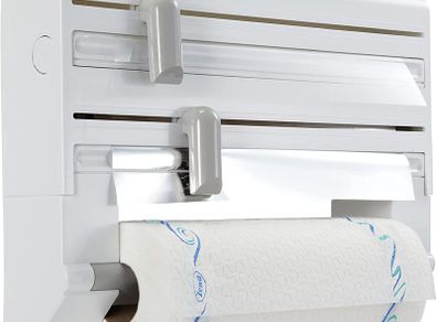 Kitchen Roll Dispenser, Wall-Mounted Film, Foil and Paper Holder, Easy-Install Cling Film Dispenser and Cutter, White, 38 x 26 x 7 cm