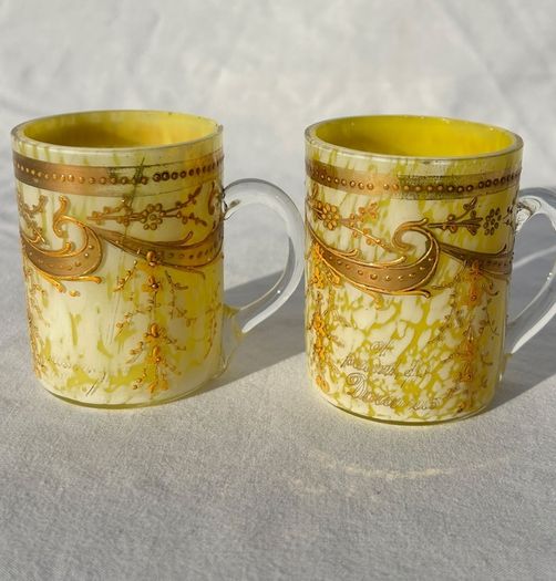 Pair Victorian Bohemian Yellow Spatter Glass Mugs - Gold Enamel - Souvenir - c1900