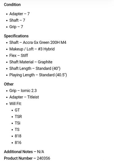 Accra Gx Green 200H M4 Stiff #3 Hybrid Shaft / Titleist 2nd Gen