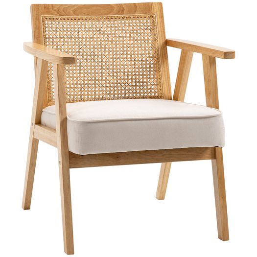 Comfortable Lounge Chair Rattan Chair with Thick Cushion - Rattan Backrest - Deep Seat - Hevea Wood Frame Linen-Look Beige