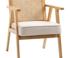 Comfortable Lounge Chair Rattan Chair with Thick Cushion - Rattan Backrest - Deep Seat - Hevea Wood Frame Linen-Look Beige