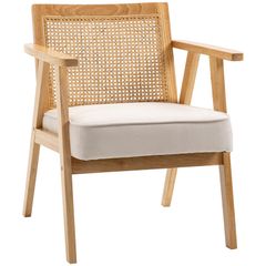 Comfortable Lounge Chair Rattan Chair with Thick Cushion - Rattan Backrest - Deep Seat - Hevea Wood Frame Linen-Look Beige