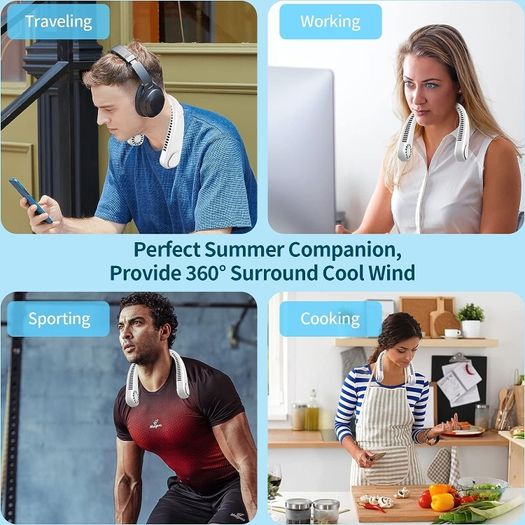 Neck Fan, Portable Hanging Neck Fan, Bladeless Mini Neck Fan, 3-Speed Hands-Free Personal Fan Rechargeable Wearable Fan, Headphone Design, for Home Office Travel Sports Outdoor