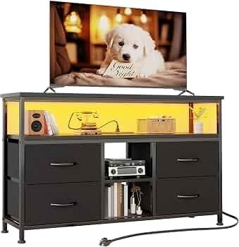 110cm TV Stand, TV Cabinet with Power Outlets & LED Light, 4 Fabric Drawers TV Unit for TVs Up to 55 inch, Entertainment Center for Living Room, Bedroom, Black