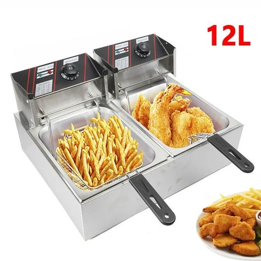 Stainless Steel Double Fryer double Zones Electric Thermostat 60 To 200C With Basket And Lid 12L 5kw 220v