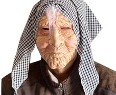 Old woman Halloween latex mask with scarf wrinkle old person funny mask.
