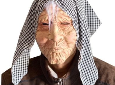 Old woman Halloween latex mask with scarf wrinkle old person funny mask.