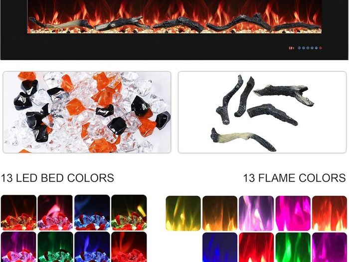 127cm Electric Fireplace Inserts, Recessed and Wall Mounted Fireplace Heater, Linear Fireplace/Thermostat, Remote & Touch Screen, Multicolor Flame, Timer, Log & Crystal, 750W/1500W