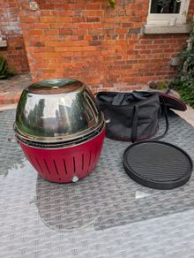 LotusGrill G340 Blazing Red BBQ, steel hood, teppanyaki plate