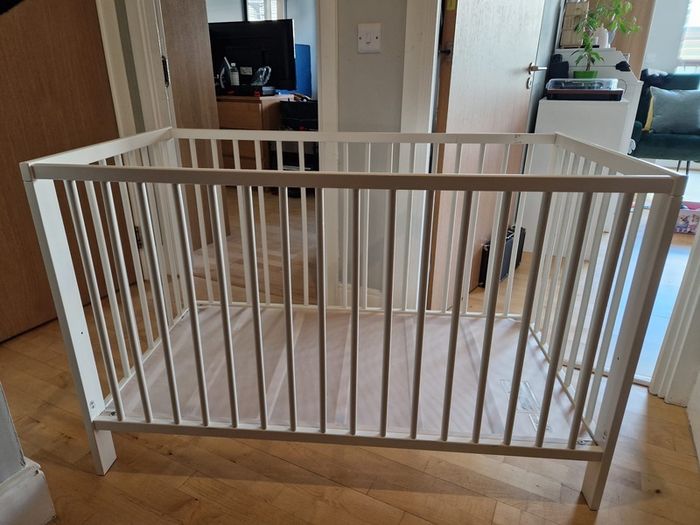 White Wooden Baby Cot Crib with Mattress Excellent Condition