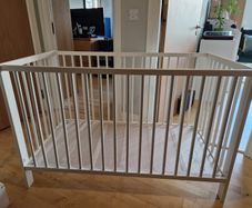 White Wooden Baby Cot Crib with Mattress Excellent Condition