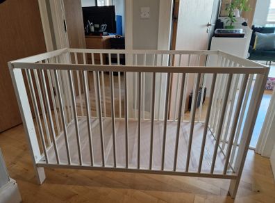 White Wooden Baby Cot Crib with Mattress Excellent Condition