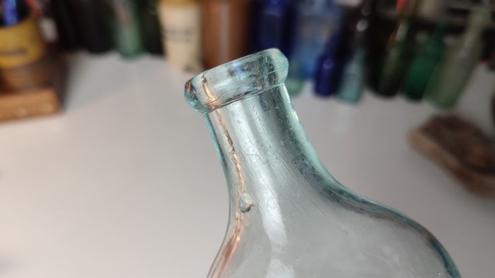 155 - Antique Anciers Petroleum Emulsion Sea Glass Decorative Collectible Cork Top Bottle