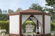 Hexagonal Garden Gazebo - Patio Party Outdoor Canopy Tent Sun Shelter with Mosquito Netting and Zipped Door, Brown