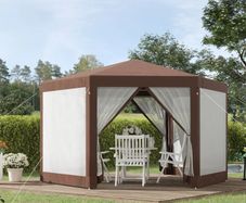 Hexagonal Garden Gazebo - Patio Party Outdoor Canopy Tent Sun Shelter with Mosquito Netting and Zipped Door, Brown