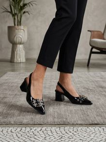 Black Patent Leather-Effect Slingback Shoes with Buckle Details and Block Heel