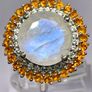 Rainbow Moonstone, Fire Opal, White Zircon Double Halo Ring in Rhodium Overlay Sterling Silver. Image 9