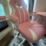 L Shaped Desk with Power Outlets & LED Lights & Pink Gaming Chair for Girls Image 6