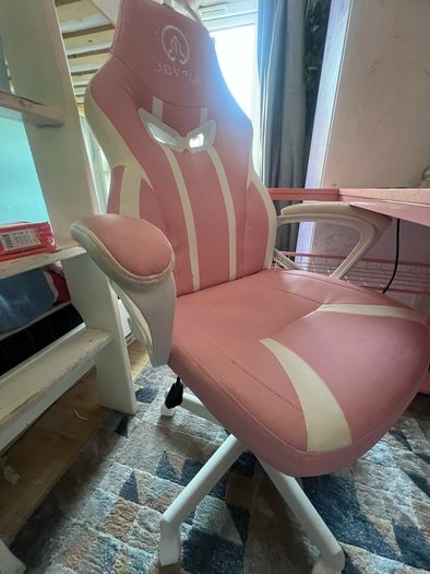 L Shaped Desk with Power Outlets & LED Lights & Pink Gaming Chair for Girls