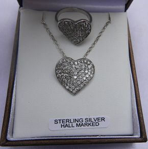 Vintage Sterling Silver 925 Cubic Zirconia Heart Set ring and chain with pendant 12,24g - lent 24" - size O