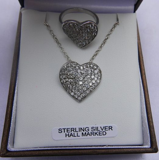 Vintage Sterling Silver 925 Cubic Zirconia Heart Set ring and chain with pendant 12,24g - lent 24" - size O