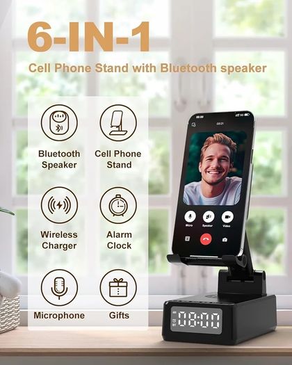 Birthday Gifts for Men Women, Bluetooth Speaker with Wireless Charger & Phone Stand, Gifts for Him, Foldable Angle & Height Stand with Alarm Clock, Ideal for Dad Mom, Tech Gadget Stocking Fillers