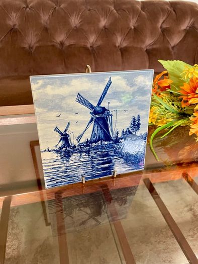 Vintage Handpainted Delft Blue Tile with Windmill and Boats Cottage Farmhouse Decor