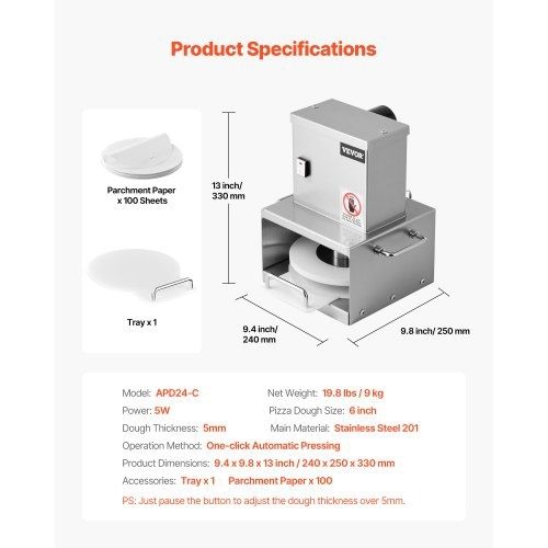Electric Pizza Dough Press Machine, 6 inch Pizza Pastry Press Plate, Stainless Steel Bread Presser, Adjustable Thickness Commercial Forming Machine, with 100 Pcs Parchment Paper