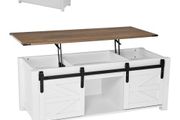 1200 mm Farmhouse Lift Top Coffee Table, Rustic Center Table with Barn Door and Hidden Storage Compartment, Modern Rectangle Lifting Tabletop