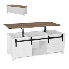 1200 mm Farmhouse Lift Top Coffee Table, Rustic Center Table with Barn Door and Hidden Storage Compartment, Modern Rectangle Lifting Tabletop