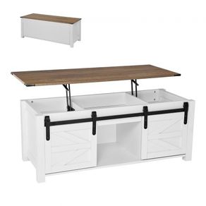1200 mm Farmhouse Lift Top Coffee Table, Rustic Center Table with Barn Door and Hidden Storage Compartment, Modern Rectangle Lifting Tabletop
