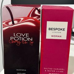 oriflame love potion cherry on top perfume and bespoke london salted caramel and water lilies perfume